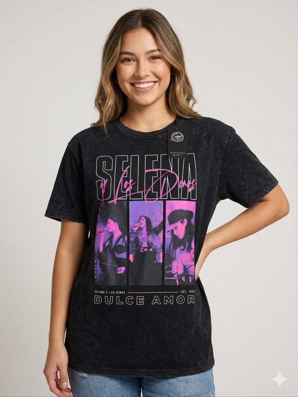 Selena NWT 'Dulce Amor' Black Graphic Tee with Pink & Purple Prints, Size 2X